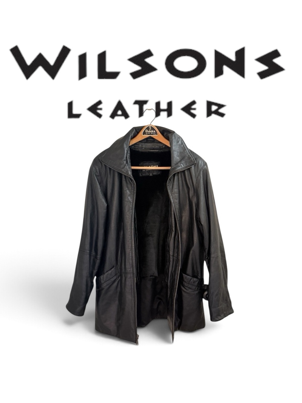 90’s Wilson’s Leather Black Zip-Front Mens Mid-Length Car Coat size Small